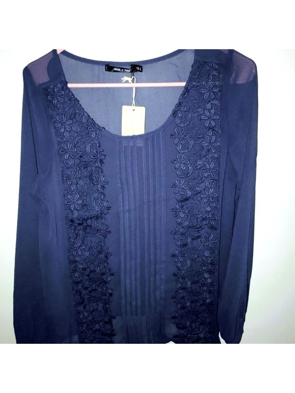Doe and Rae sheer blue long sleeve top design panels on the front New with tags